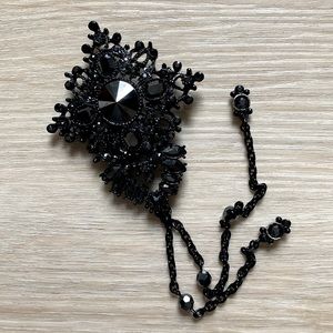 Rare ST. JOHN Black Frame Silver Rhinestone Crystal Dangle 7.5" Long Pin Brooch